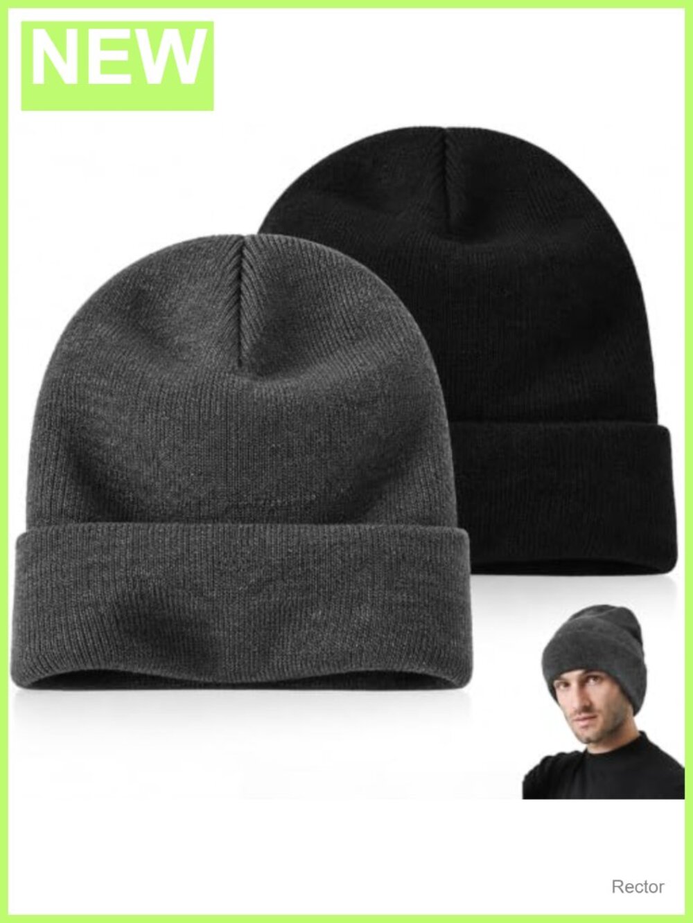 2 Pack Rib Knit Beanie Unisex Cuffed Slouchy Winter Hat Acrylic